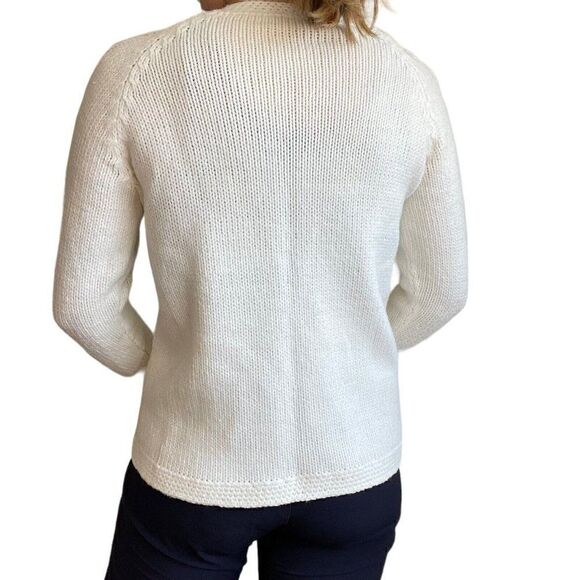 Vintage 80s Womens Hand Knit White Acrylic Chunky Cable Preppy Cardigan Sz M - Picture 4 of 5